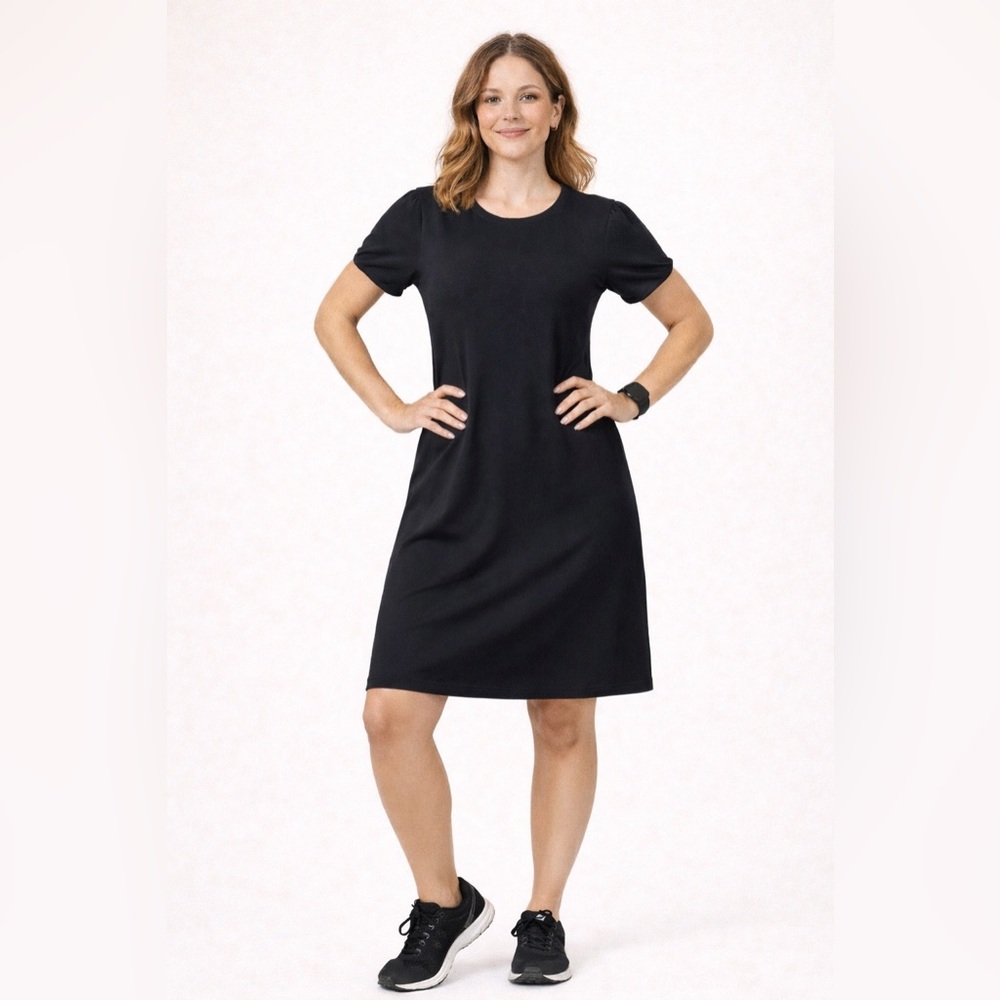 Athleta Black T-Shirt Dress Small Stretch Travel Athleisure Casual Minimalist